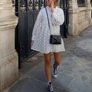 Zara Flower Lace Textured Long Sleeve Babydoll Mini Dress Size M